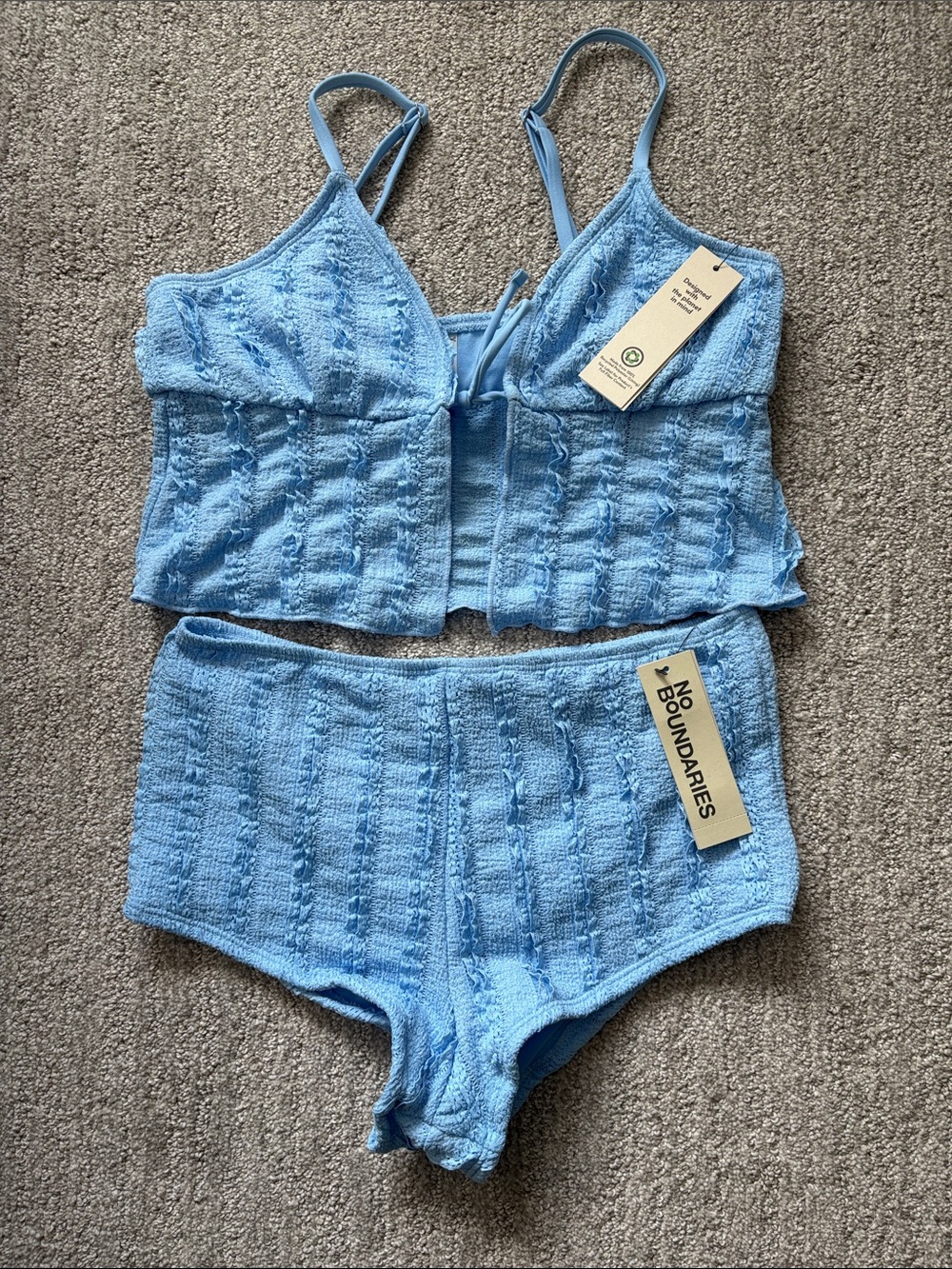 No Boundaries Light Blue Textured Tankini Top & Swim Shorts